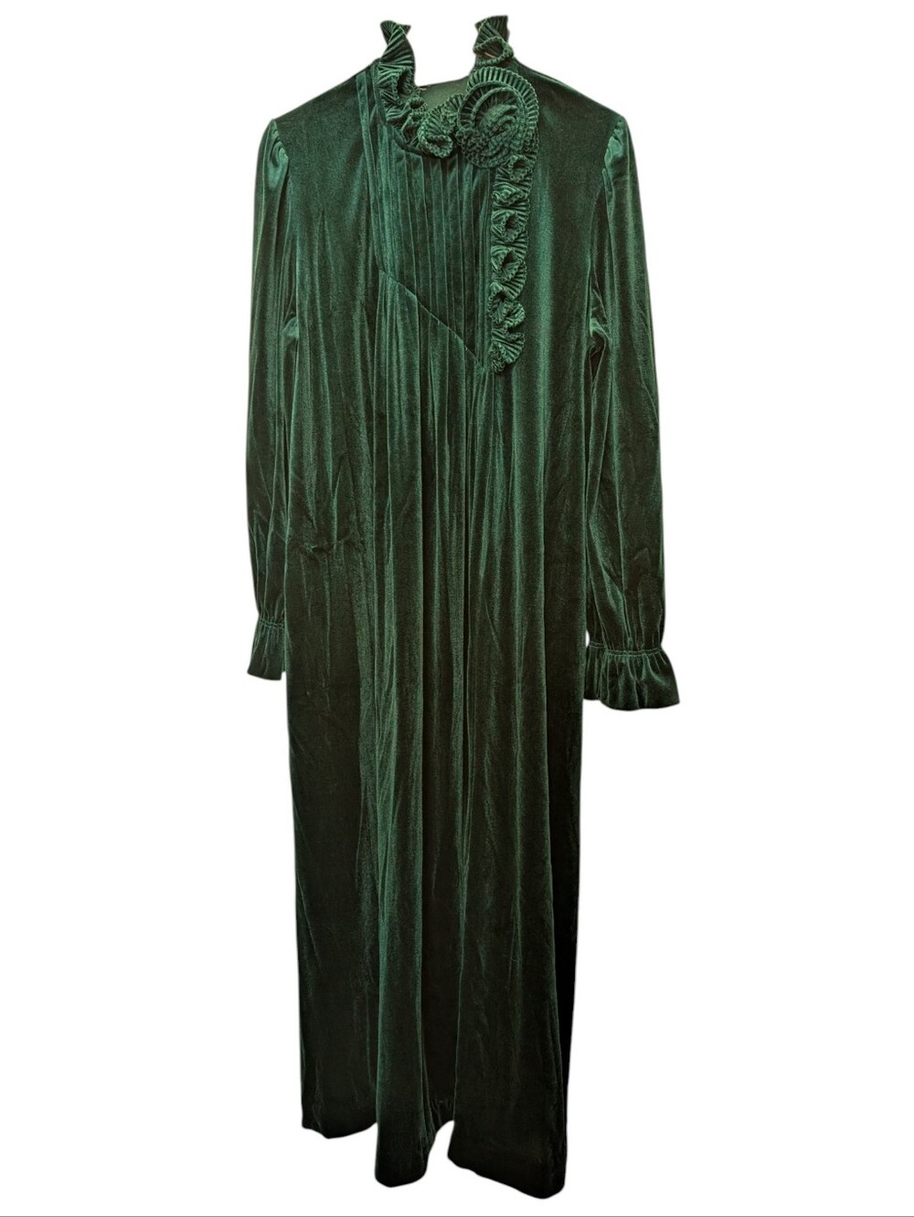 Vtg Donna Richard Gilligan & O’Malley Emerald Green Velvet Long Robe Ruffle Glam - Picture 2 of 7